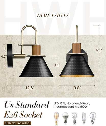 Modern Wall Sconces Set of Two, HWH Industrial Sconce Wall Lighting 1-Light, Brass Barn Wall Vanity Light for Bedroom Kitchen, Hammered Metal Shade, Black and Gold Finish, 5HZG74B-2L BK+BG