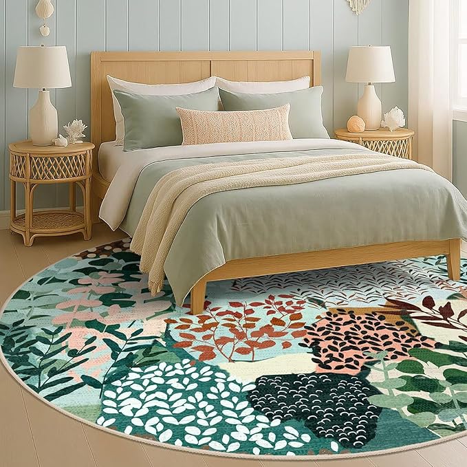 DEXDE Large Round Rug 9ft Washable Circle Area Rugs, Non Slip Low Pile Boho Floral Circular Carpet for Bedroom Bathroom Entryway Kids Room Office Dining Room, Dark Green