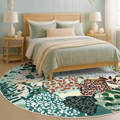 DEXDE Large Round Rug 9ft Washable Circle Area Rugs, Non Slip Low Pile Boho Floral Circular Carpet for Bedroom Bathroom Entryway Kids Room Office Dining Room, Dark Green