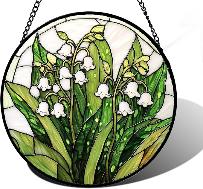 Stained Glass Window Hanging, Lily of The Valley Flower Sun Catchers Colorful Glass Panel Green Plants Suncatcher Decor for Birthday for Women,Men,Wife, Lovers, and Mom 6.3 in