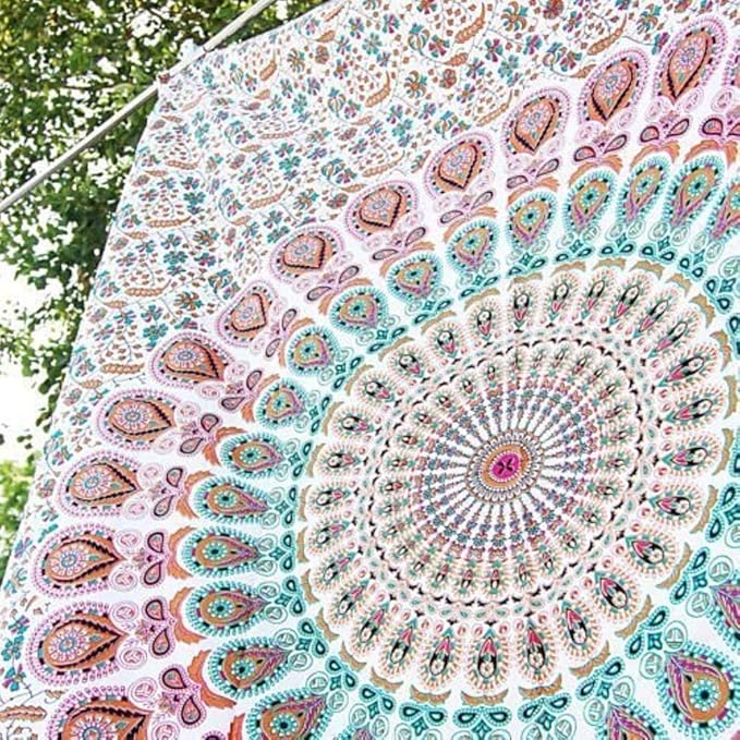 raajsee Mandala Tapestry Wall HANGINGS (White Brown Mandala, Queen 210 X 220 CMS)