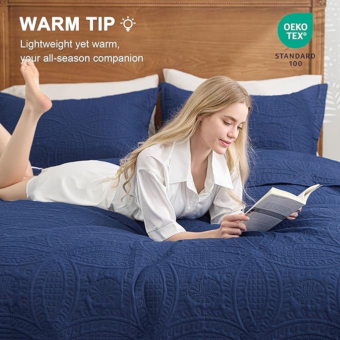 Love's cabin Oversized King Size Quilt Bedding Set Navy Bedspreads - Oversized King Lightweight Bedspread Comforter - Coin Pattern Coverlet for All Season - 3 Pieces (1 Quilt, 2 Pillow Shams)