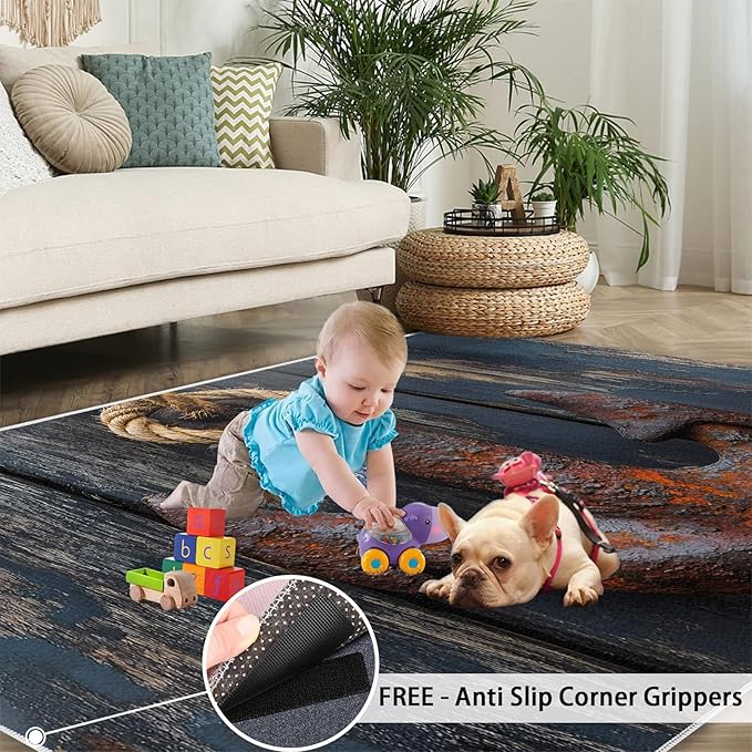 Nautical Anchor 5x6 Area Rugs,Distressed Wood Bedroom Rug Nautical Style Non-Slip Washable Rug for Living Room Nursery Kitchen Low-Pile Carpet