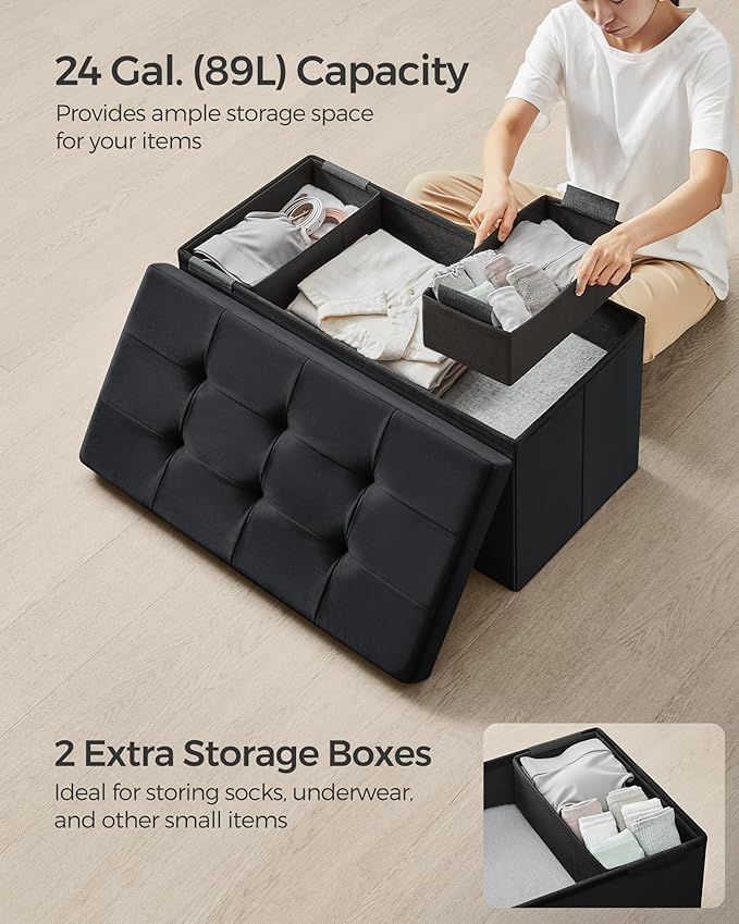 SONGMICS Mazie Collection - Storage Ottoman Bench, Foldable Foot Rest, 15 x 30 x 15 Inches, End of Bed Bench, Storage Chest, Load 660 lb, Living Room, Bedroom, Entryway, Ink Black ULSF247B01