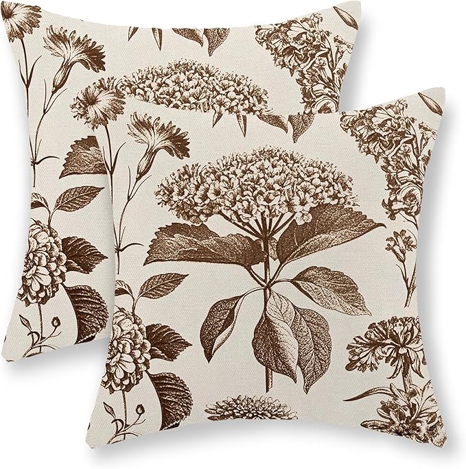 Brown Pillow Covers 16x16 Set of 2 Vintage Boho Floral Hydrangea Herbs Botanical Throw Pillow Cover Outdoor Flower Decorative Pillowcase Linen Farmhouse Cushion Case Decor for Couch Sofa