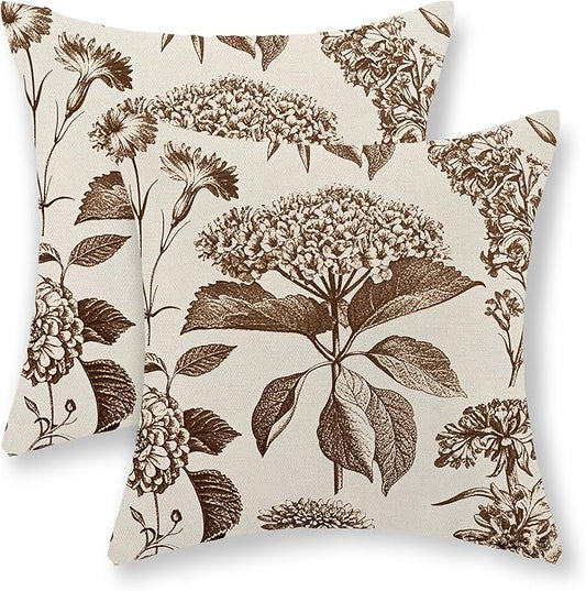 Brown Pillow Covers 20x20 Set of 2 Vintage Boho Floral Hydrangea Herbs Botanical Throw Pillow Cover Outdoor Flower Decorative Pillowcase Linen Farmhouse Cushion Case Decor for Couch Sofa