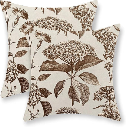 Brown Pillow Covers 18x18 Set of 2 Vintage Boho Floral Hydrangea Herbs Botanical Throw Pillow Cover Outdoor Flower Decorative Pillowcase Linen Farmhouse Cushion Case Decor for Couch Sofa