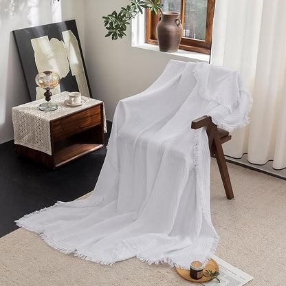 FOSSA Muslin Blanket with Fringe - 4-Layer 100% Cotton Gauze Super Soft & Breathable Throw -Lightweight Decorative Cooling Blanket for Bed, Sofa, Office -Super King 108" x 98" (Bright White)