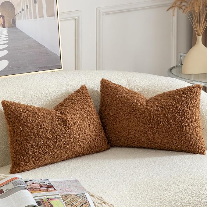 Yaertun Pack of 2 Faux Fur Throw Pillow Covers Decorative Sherpa Boucle Pillow Covers Fuzzy Soft Pillowcases Sheepskin Fleece Cushion Case for Couch Sofa Bed Living Room 12x20 Inch Brown