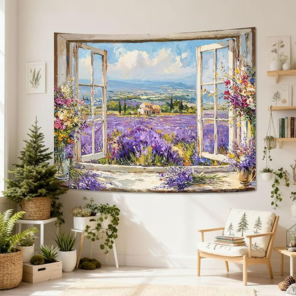 Lifeel Lavender Field Tapestry, Flower Aesthetics Landscape Window Tapestries, Romantic Home Decor for Living Room Bedroom, 44x60 inches