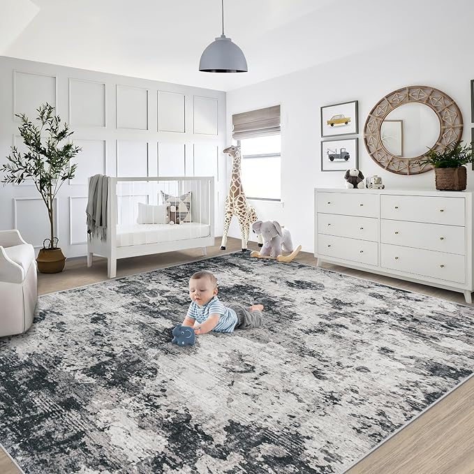 8x10 Area Rugs for Living Room, Washable Modern Abstract Large Area Rug Neutral Soft Non Slip Kids Rug Stain Resistant Indoor Carpet for Bedroom Dining Room Playroom Home Office(Black, 8'x10')