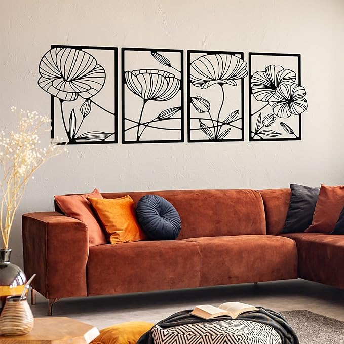 Cunno 4 Pcs Metal Wall Art 16.5 x 11.8'' Line Art Wall Decor Floral Minimalist Decor Hanging Flower Aesthetic Modern for Living Room Bedroom Bathroom Kitchen Decoration(Black)
