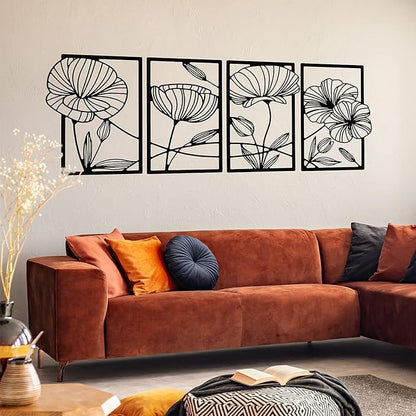 Cunno 4 Pcs Metal Wall Art 16.5 x 11.8'' Line Art Wall Decor Floral Minimalist Decor Hanging Flower Aesthetic Modern for Living Room Bedroom Bathroom Kitchen Decoration(Black)