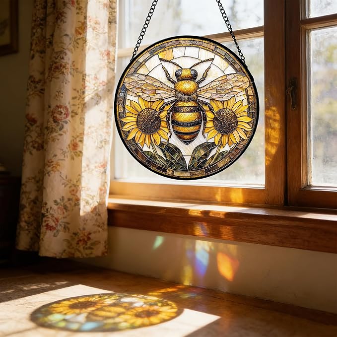 DASTOLL Stained Glass Window Hanging - Bee Sunflower Yellow Suncatcher Ready to Hang Window Doors Home Decoration and Christmas, Mother's Day Birthday Gifts for Women, Men, and Mom 6.3x6.3 in
