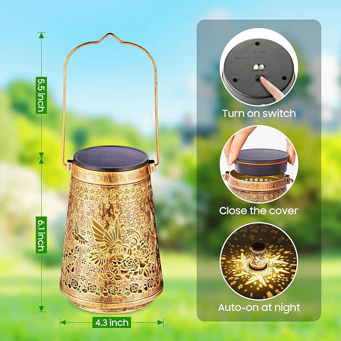 4 Pack Solar Lanterns Outdoor Waterproof Birthday Gifts for Women Mom Grandma, Hollowed-Out Metal Hummingbird Hanging Solar Lantern Lights Outdoor Decor, 2 Modes Lights Decor for Yard, Patio