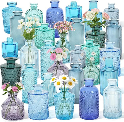 Set of 30 Blue Colored Glass Bud Vases - Small Textured Flower Vases for Centerpieces, Wedding Table Decor, Retro Home Decor Bulk Vase Set for DIY, Events & Gifts