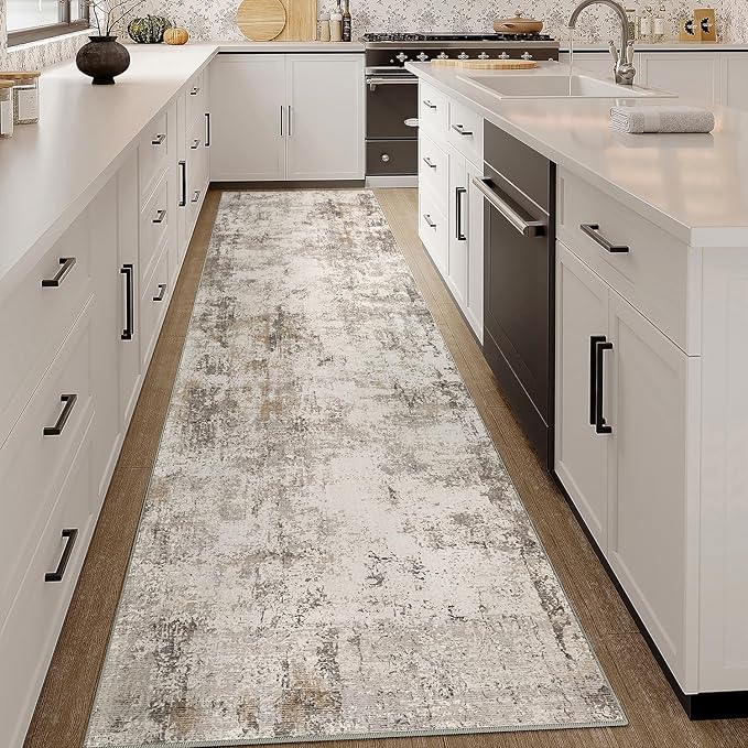 2x12 Washable Runner Rug Brown Grey Abstract Hallway Kitchen Throw Rug Neutral Modern Non Slip Soft Low Pile Carpet for Bathroom Laundry Bedroom Living Room