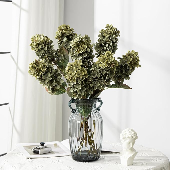 Green Hydrangea Artificial Flowers,Fake Fall Flowers Silk Hydrangea with Stems,Fall Faux DIY Floral for Table Vase,Hydrangeas Bouquet Indoor and Outdoor Decoration 24"（ Green） 8pcs No Vase