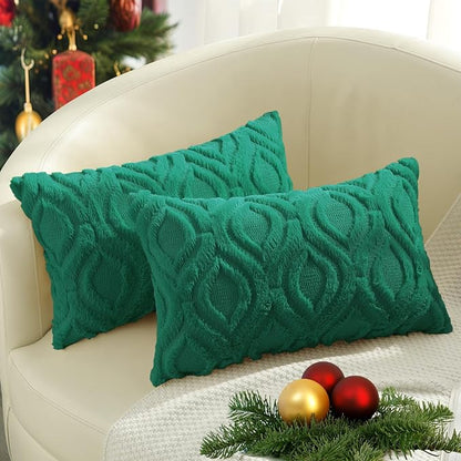 decorUhome Throw Pillow Covers 12x20 Inch Set of 2, Soft Plush Faux Wool Green Solid Couch Pillow Covers, Accent Farmhouse Neutral Square Pillow Cases for Sofa Bed Living Room
