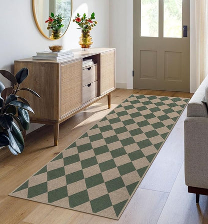 Easy Jute Checkered Runner Rug, 2x6 Green Modern Washable Rugs Runner for Hallway Non-Slip Long Kitchen Rug, Geometric Diamond Indoor Outdoor Carpet for Porch Laundry Entryway