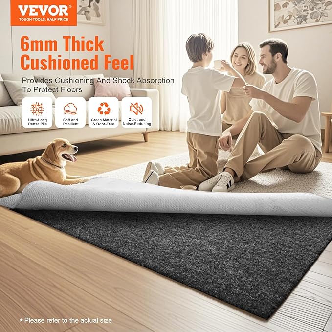 VEVOR Rug Pad Without Slip Resistance, Protective Cushioning Carpet Pad, 8' x 10', 1/4" Thick, 100% Pure Polyester Felt, 7-8㎡ Premium Comfort Underfoot Carpet Padding Rug Cushion for All Floors, Gray