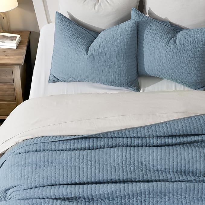 EVERGRACE x Kinsey Walsh Cross Stitch Pre-Washed Cotton Quilt Bedding Set Queen Size, Oversized 3 Pieces Lightweight Bedspread Coverlet for All Season, with 2 Matching Shams, Dusty Blue, 92"x96"