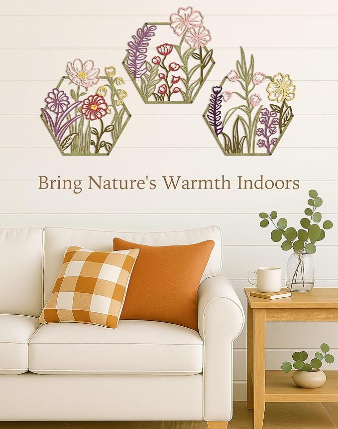 3 Piece Metal Flower Wall Art for Bedroom Living Room Rustic Farmhouse Floral Wall Decor for Bathroom Dining Room Boho Home Decorations Modern Minimalism Hanging Sculptures Polygon