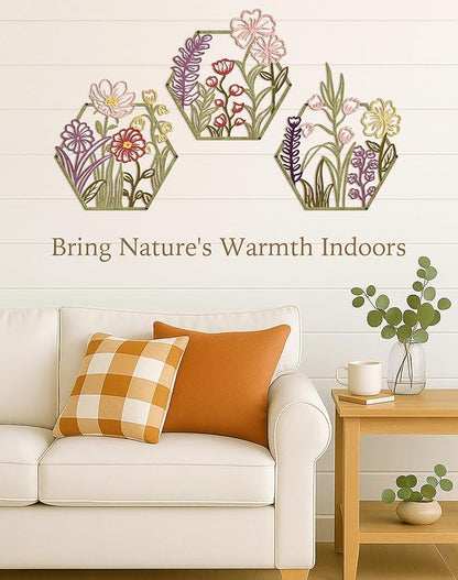 3 Piece Metal Flower Wall Art for Bedroom Living Room Rustic Farmhouse Floral Wall Decor for Bathroom Dining Room Boho Home Decorations Modern Minimalism Hanging Sculptures Polygon