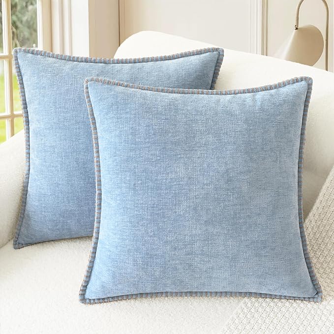 CaliTime Throw Pillow Covers Decorative 24 X 24 Inches Pack of 2 Cotton Thread Stitching Edges Solid Dyed Soft Chenille Cushion Cases for Couch Sofa Bed Living Room Farmhouse Baby Blue