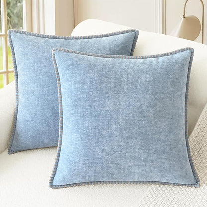 CaliTime Throw Pillow Covers Decorative 16 X 16 Inches Pack of 2 Cotton Thread Stitching Edges Solid Dyed Soft Chenille Cushion Cases for Couch Sofa Bed Living Room Farmhouse Baby Blue