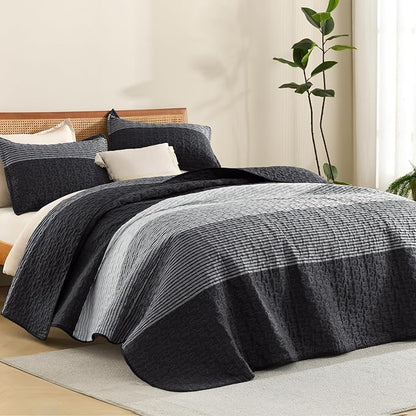Litanika Oversized Queen Quilt Set Black and White, 98x98 Stripe Bedspread Coverlet 3 Pieces, Black and White Lightweight Quilted Bedding Set for All Season(Oversized Queen-1 Quilt, 2 Pillowcases)