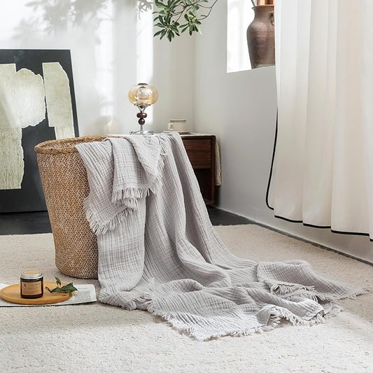 FOSSA Muslin Blanket with Fringe - 4-Layer 100% Cotton Gauze Super Soft & Breathable Throw -Lightweight Decorative Cooling Blanket for Bed, Sofa, Office -Throw XL Size 70" x 50" (Grayish)