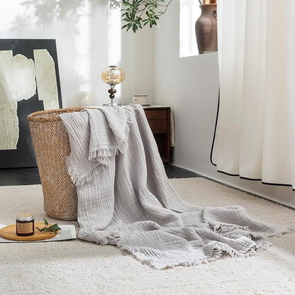 FOSSA Muslin Blanket with Fringe - 4-Layer 100% Cotton Gauze Super Soft & Breathable Throw -Lightweight Decorative Cooling Blanket for Bed, Sofa, Office -Twin XL Size 90" x 66" (Grayish)