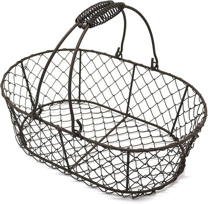 CVHOMEDECO. Oval Metal Wire Egg Basket Wire Fruit Basket with Handle Primitives Vintage Style Storage Basket. Rusty, 11 X 7-1/4 X 3-1/2 Inch