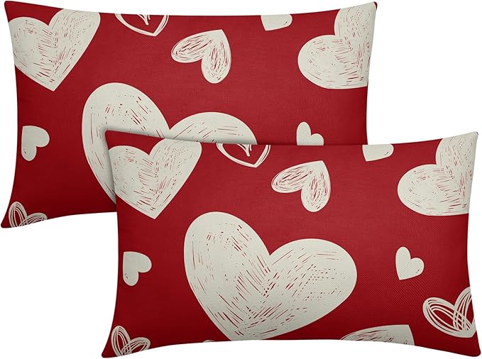 Valentines Day Pillow Covers 12x20 Set of 2 Red Love Print Decorative Outdoor Heart Throw Pillow Cases Rustic Holiday Decoration Farmhouse Sofa Couch Cushion Cover Bed Decor