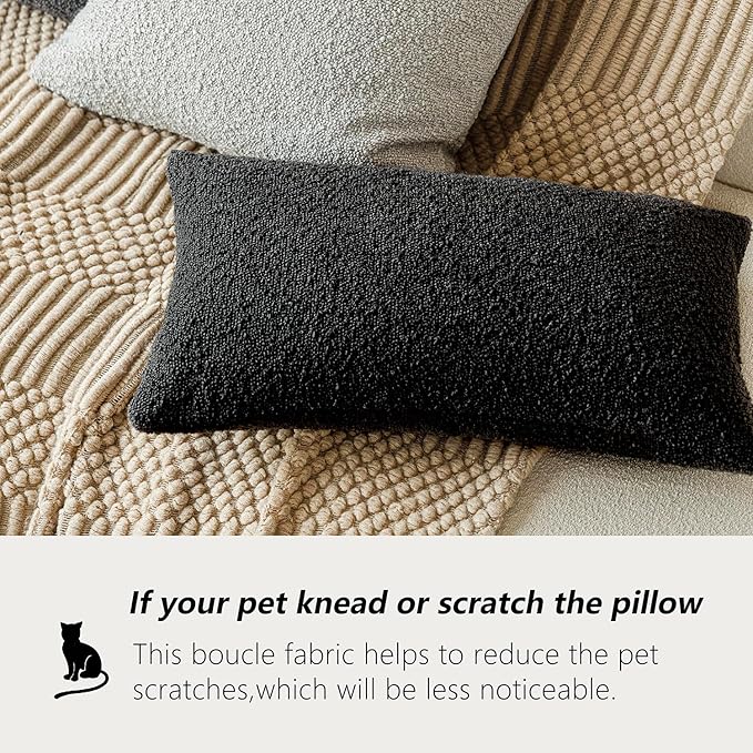 Foindtower Decorative Textured Boucle Throw Pillow Covers Accent Solid Lumbar Pillow Cases Neutral Soft Cozy Couch Cushion Case for Chair Sofa Bedroom Living Room Home Decor 12 x 20 Inch,Black