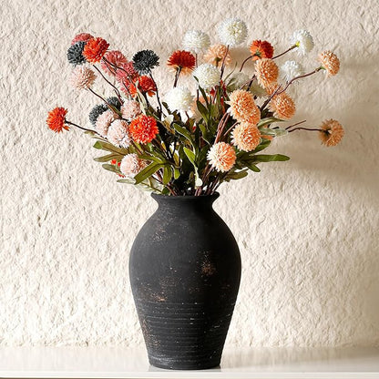 Black Ceramic Flower Vase, 9.17 Inch Pottery Rustic Vase for Shelf,Tabletop, Vintage Farmhouse Home Decor for Coffee Table, Living Room,Mantle, Fireplace, Entryway