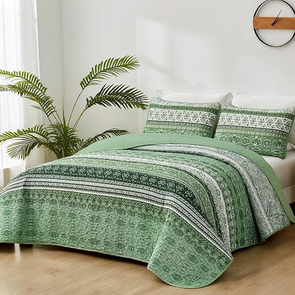 WONGS BEDDING Boho King Quilt Set, Light Green Bohemian Quilt Bedding Set, Lightweight Bed Decor Bedspread for All Season Reversible Microfiber Coverlet Bedding Set 103"x90"(3 Pieces)