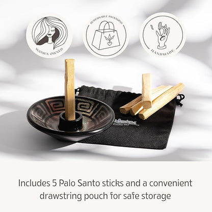 Luna Sundara Authentic Peru Pottery Palo Santo Stick Holder and Incense Holder with 5 Palo Santo Sticks Handmade Ceramic Smudge Bowl Sage Holder Blue Gift Set