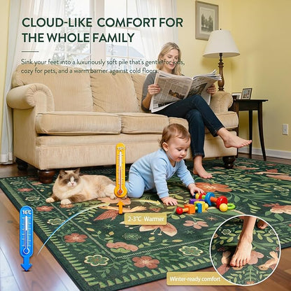 Moynesa Living Room Rug 5x7, Washable Modern Cottage Green Area Rugs for Bedroom Dining Room, Farmhouse Aesthetic Floral Bird Print Carpet, Vintage Home Decor Open Floor Areas Non-Slip Protection