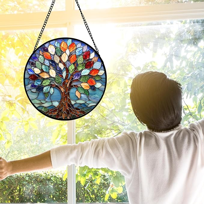 DASTOLL Stained Glass Window Hanging, Colorful Tree of Life Sun Catchers Glass Panel Blue Suncatcher Decor for Birthday for Women, Men, Wife, Aunt, and Mom 9.8 in