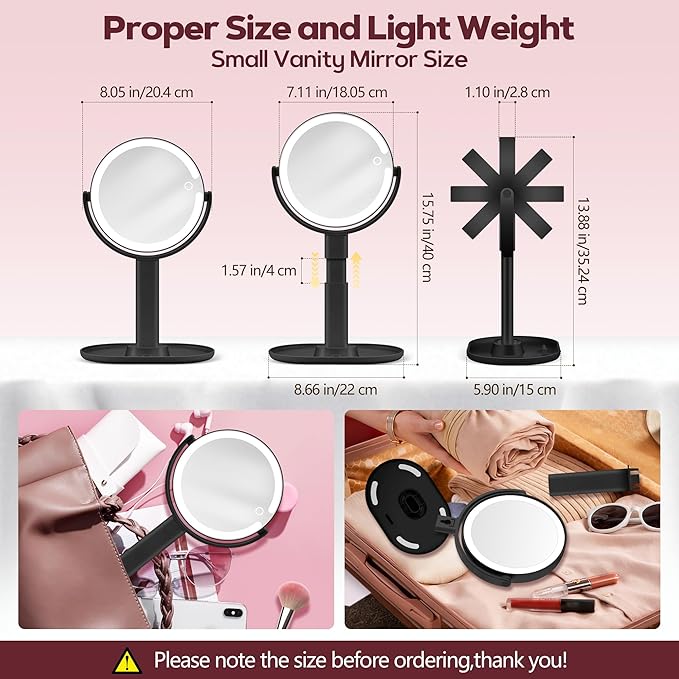 Makeup Mirror with Lights, 30X Magnifying & Height Adjustable, Lighted Magnifying Mirror with 3 Light Modes and Stepless Dimming, Vanity Mirrors for Bathroom, Birthday Gift for Women, Black