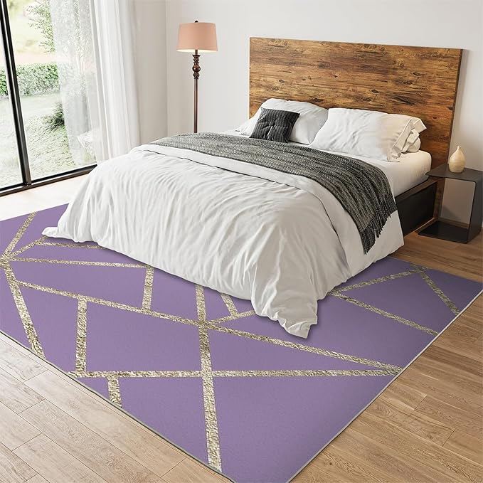 Modern Geometric Purple Area Rug, Premium Art Rug for Living Room and Bedroom, Soft And Wear-Resistant, Non-Slip Bottom, Gold Line Decoration Design, Stylish And Simple Indoor Decoration,3 x 4ft
