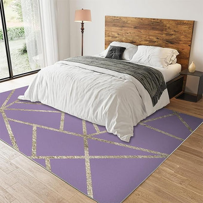 Modern Geometric Purple Area Rug, Premium Art Rug for Living Room and Bedroom, Soft And Wear-Resistant, Non-Slip Bottom, Gold Line Decoration Design, Stylish And Simple Indoor Decoration,6 x 8ft
