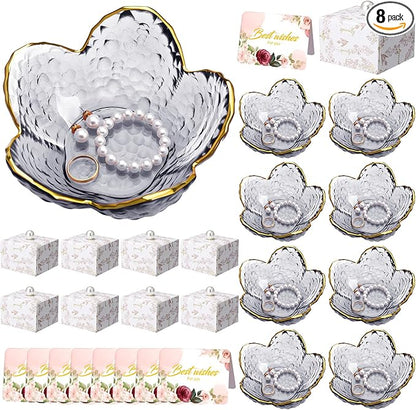 Quelay 8 Set Flower Ring Dish Jewelry Tray with Box and Greeting Card, Small Glass Trinket Tray for Rings Earrings Jewelry Room Decor Gifts for Women Mom Wife Daughter (Grey)