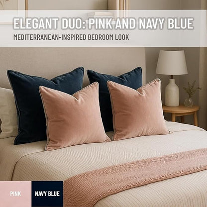 2 Pack Velvet Decorative Throw Pillow Covers, 18"x18", Pink and Grey, Solid, Modern, Contrast Piping, Indoor Use, Bedroom & Living Room