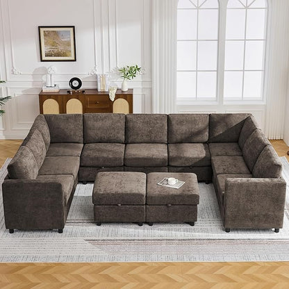 127'' Oversized U Shaped Modular Sofa, Sectional Couches with Storage for Living Room, Modern 9 Seater Cloud Sectional Couch with Movable Ottoman, Chenille Brown