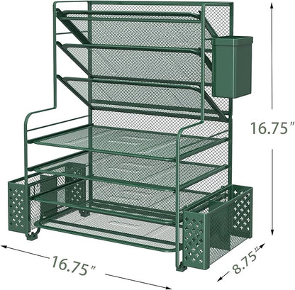 Simple Trending 7 Tier Desk File Organizer, Letter Tray Paper Organizer with Pen Holder and Metal Hanging Basket, Green
