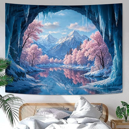 kampdream Fantasy Winter Scenery Tapestry, Ice Cave Landscape with Frozen Lake and Cherry Blossom Forest Wall Hanging, Landscape Nature Home Decor for Bedroom and Living Room Wall Art Decoration