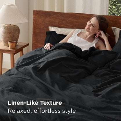 Bedsure 100% Washed Cotton Duvet Cover Queen Size - Black Minimalist Cotton Duvet Cover Linen Like for All Seasons - GentleSoft™ Plain Simple Bedding (Black, Queen, 90"x90")